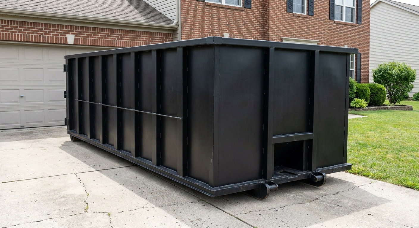 Matte-black 20-yard roll-off container on a Evanston residential concrete driveway with reinforced ribbed steel sidewalls and a hinged rear walk-in door, clean bright daylight.