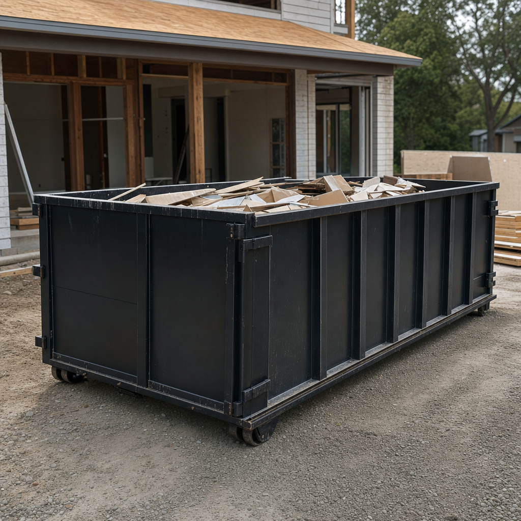 Large matte-black 30-yard construction roll-off dumpster at an active Evanston jobsite, steel-gray top rails and bottom rollers visible, loaded with construction debris.