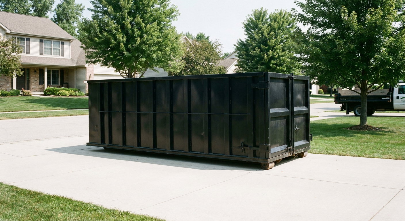 Matte-black 20-yard roll-off dumpster sitting level on a clean Evanston residential concrete driveway under bright daylight, demonstrating clean placement directly on the concrete.